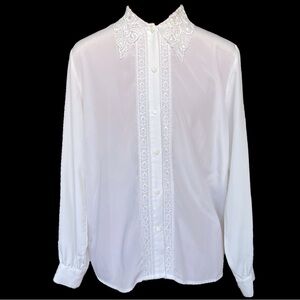 Vintage 1980s White Embroidered Button Down Beaded Blouse